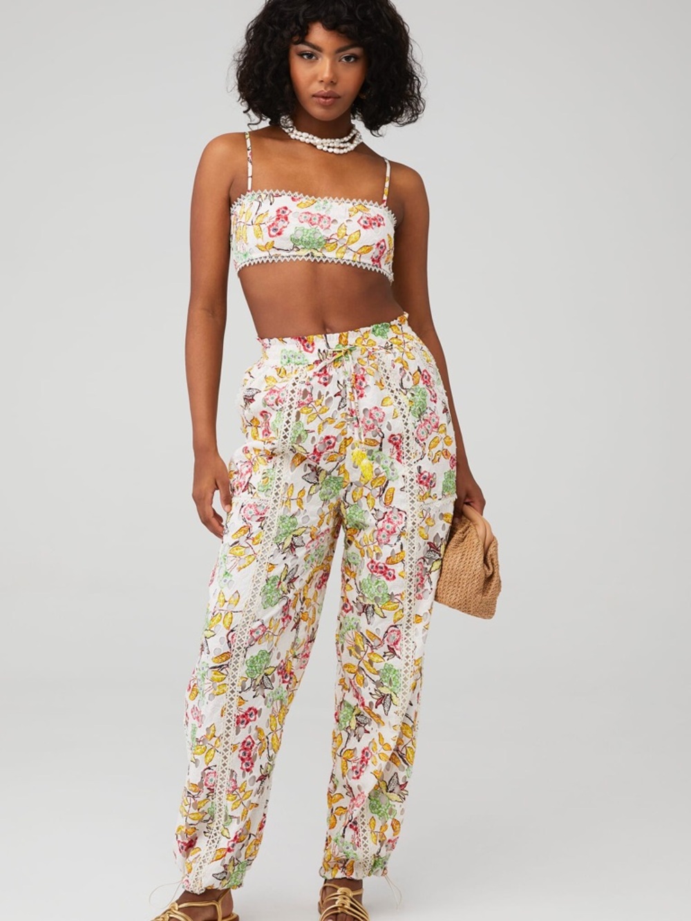 HEMANT & NANDITA Floral Lace Trim Wide Leg Pants - White, Yellow, Green, Pink